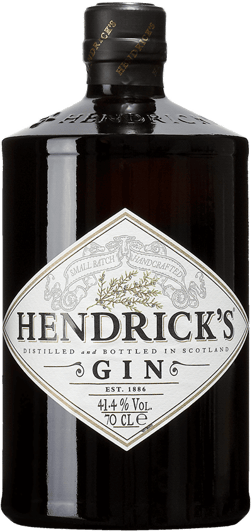 En glasflaska med Hendrick’s Gin, en gin & Genever från Storbritannien