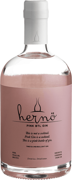 En glasflaska med Hernö Pink BTL, en gin & Genever från Västernorrlands län i Sverige