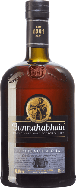 En glasflaska med Bunnahabhain Toiteach a Dhà, en whisky från Skottland i Storbritannien