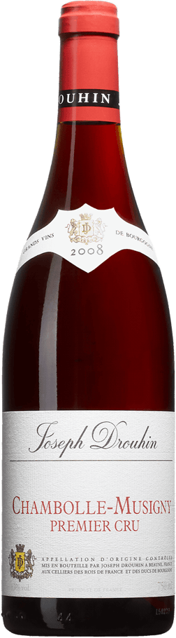 En glasflaska med Joseph Drouhin Chambolle-Musigny Premier Cru 2018, ett rött vin från Bourgogne i Frankrike