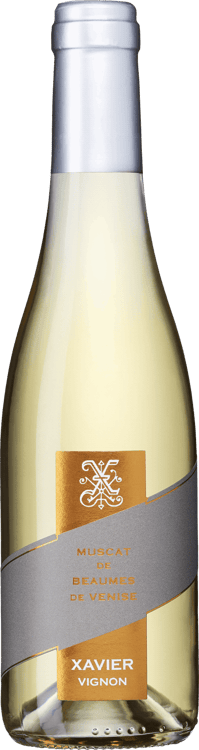 En glasflaska med Xavier Vignon Muscat de Beaumes de Venise 2019, ett vitt vin från Rhonedalen i Frankrike