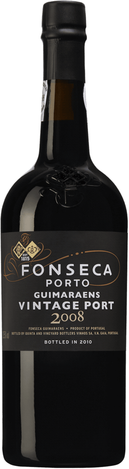 En glasflaska med Fonseca Guimaraens Vintage Port 2012, en starkvin från Douro i Portugal