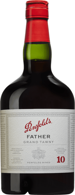 En glasflaska med Penfolds Father Grand Tawny 10 years, en starkvin från Australien