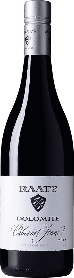 En glasflaska med Raats Dolomite Cabernet Franc 2018, ett rött vin från Western Cape i Sydafrika