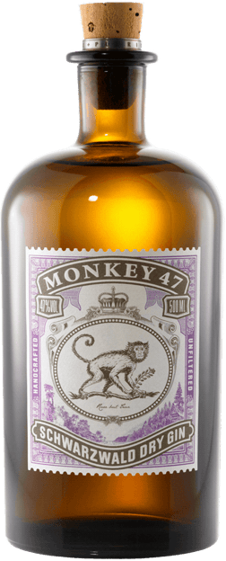 En glasflaska med Monkey 47 Schwarzwald Dry Gin, en gin & Genever från Tyskland