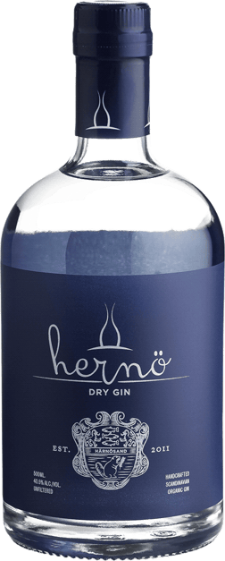 En glasflaska med Hernö Gin, en gin & Genever från Västernorrlands län i Sverige