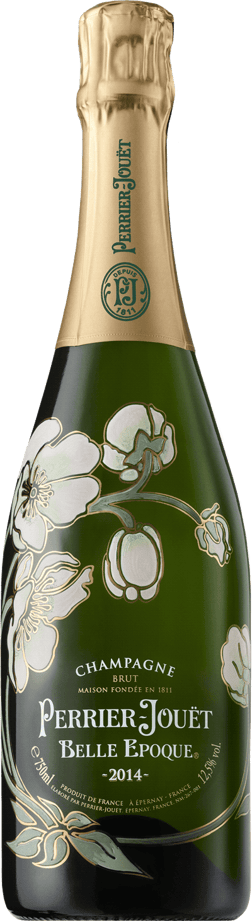 En glasflaska med Perrier-Jouët Belle Epoque Brut 2013, ett champagne från Champagne i Frankrike