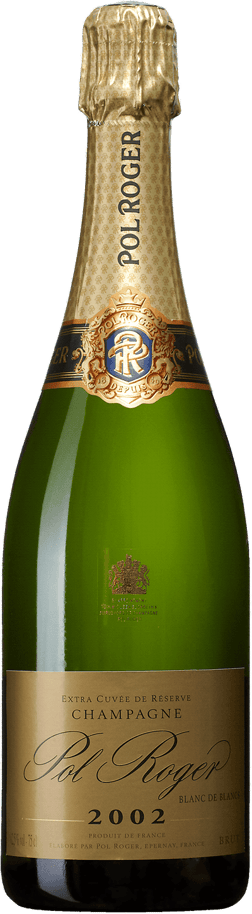 En glasflaska med Pol Roger Blanc de Blancs 2013, ett champagne från Champagne i Frankrike