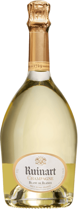 En glasflaska med Ruinart Blanc de Blancs, ett champagne från Champagne i Frankrike