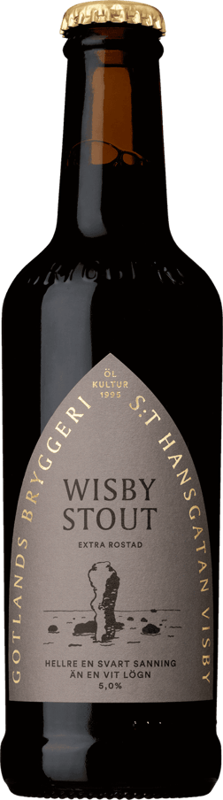 En glasflaska med Wisby Stout, en porter & Stout från Sverige