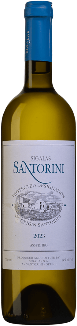 En glasflaska med Domaine Sigalas Santorini Assyrtiko 2023, ett vitt vin från Kykladerna i Grekland
