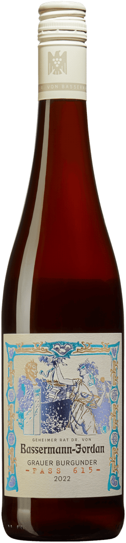 En lättare glasflaska med Bassermann-Jordan Fass 615 Grauer Burgunder 2022, ett vitt vin från Pfalz i Tyskland