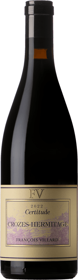 En glasflaska med François Villard Crozes-Hermitage Certitude 2022, ett rött vin från Rhonedalen i Frankrike