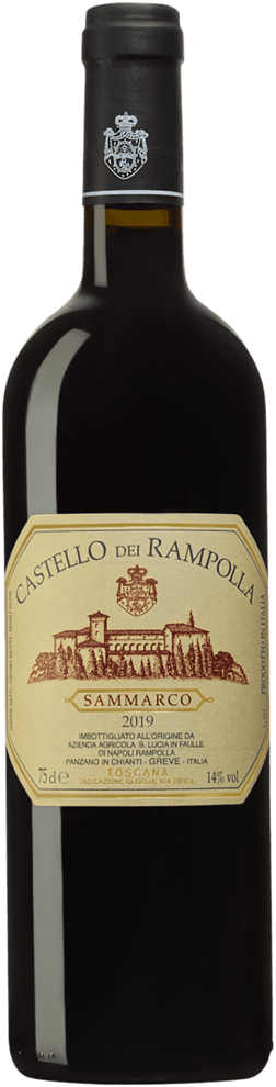 En glasflaska med Castello dei Rampolla Sammarco 2019, ett rött vin från Toscana i Italien