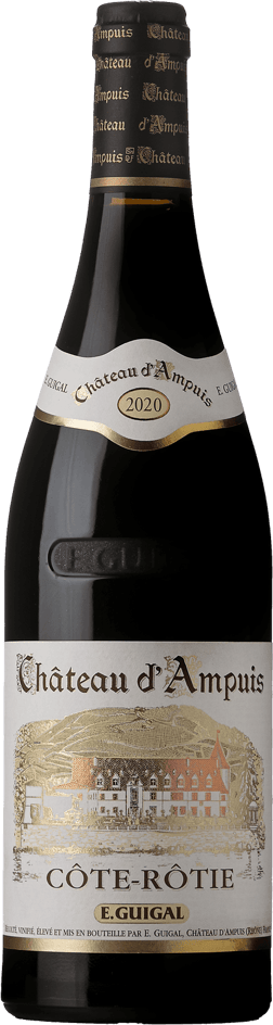 En glasflaska med E.Guigal Côte Rôtie Chateau d’Ampuis 2020, ett rött vin från Rhonedalen i Frankrike