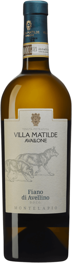 En glasflaska med Montelapio Fiano di Avellino 2022, ett vitt vin från Kampanien i Italien