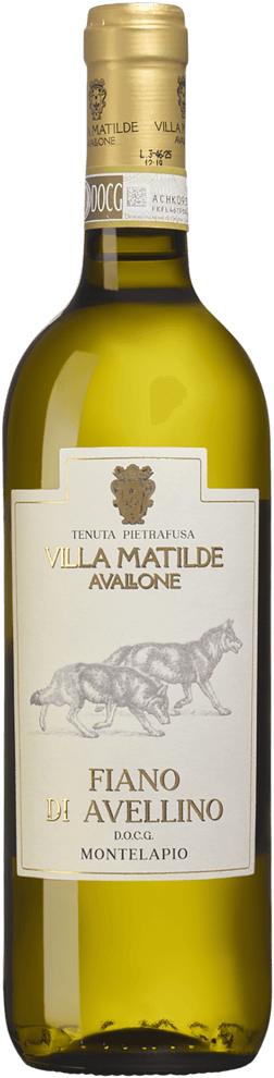En glasflaska med Villa Matilde Montelapio Fiano di Avellino 2024, ett vitt vin från Kampanien i Italien