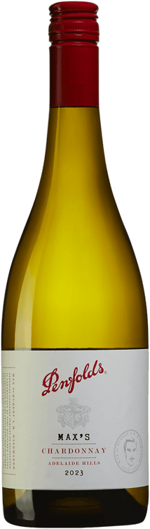 En glasflaska med Penfolds Max&#8217;s Chardonnay, ett vitt vin från South Australia i Australien