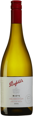 En glasflaska med Penfolds Max’s Chardonnay, ett vitt vin från South Australia i Australien