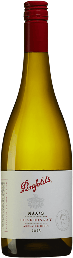 En glasflaska med Penfolds Max's Chardonnay 2024, ett vitt vin från South Australia i Australien