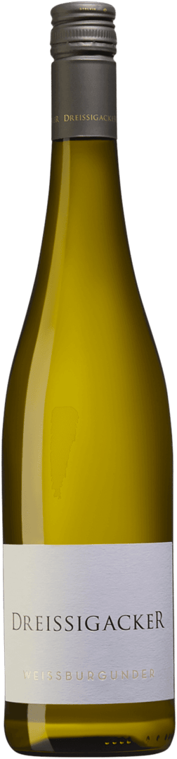 En lättare glasflaska med Dreissigacker Weissburgunder 2023, ett vitt vin från Rheinhessen i Tyskland