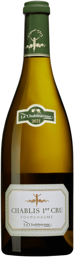 En glasflaska med La Chablisienne Chablis Premier Cru Fourchaume 2021, ett vitt vin från Bourgogne i Frankrike