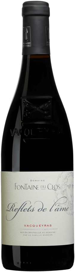En glasflaska med Domaine Fontaine Du Clos Reflets de l’Âme Vacqueyras 2022, ett rött vin från Rhonedalen i Frankrike