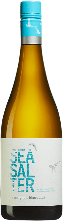 En glasflaska med Seasalter Sauvignon blanc, ett vitt vin från Western Cape i Sydafrika