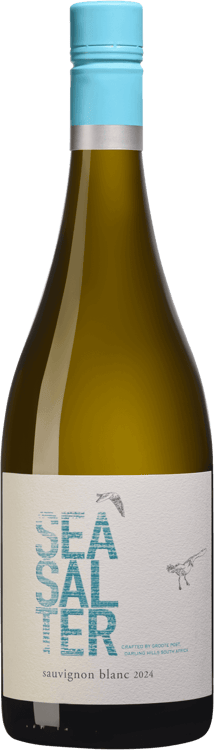 En glasflaska med Seasalter Sauvignon blanc, ett vitt vin från Western Cape i Sydafrika