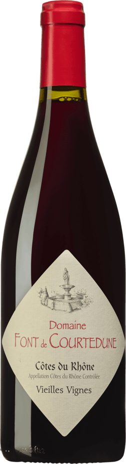 En glasflaska med Domaine Font de Courtedune Vieilles Vignes 2022, ett rött vin från Rhonedalen i Frankrike