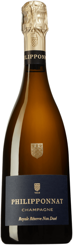 En glasflaska med Philipponnat Royale Réserve Non Dosé, ett champagne från Champagne i Frankrike