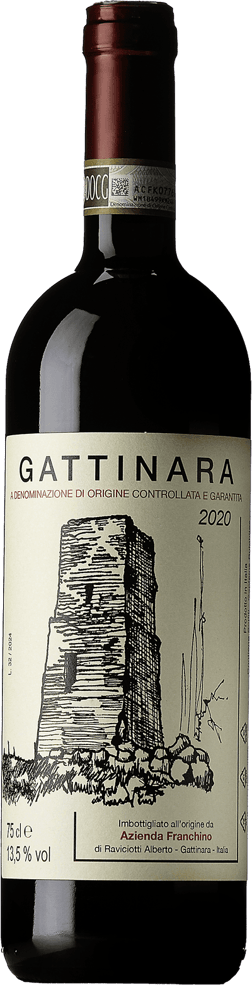 En glasflaska med Franchino Mauro Gattinara 2020, ett rött vin från Piemonte i Italien