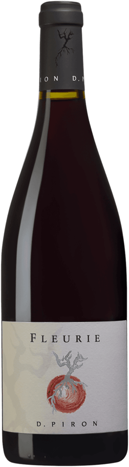 En glasflaska med Maison Piron Fleurie 2022, ett rött vin från Bourgogne i Frankrike