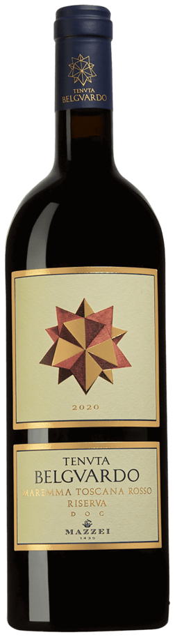 En glasflaska med Marchesi Mazzei Tenuta Belguardo 2020, ett rött vin från Toscana i Italien