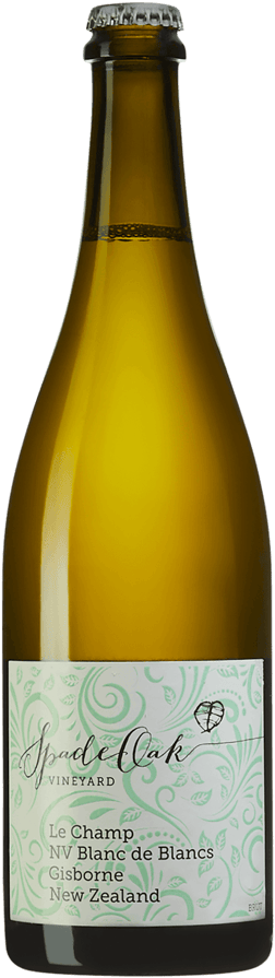 En glasflaska med Spade Oak Wines Le Champ Blanc de Blancs, en mousserande från Gisborne i Nya Zeeland