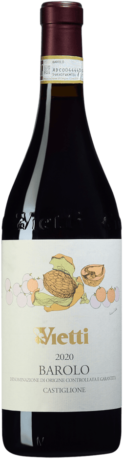 En glasflaska med Vietti Barolo Castiglione 2020, ett rött vin från Piemonte i Italien