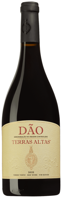 En glasflaska med Jose Maria da Fonseca Terras Altas 2022, ett rött vin från Dão i Portugal