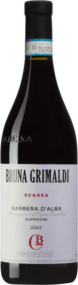 En glasflaska med Bruna Grimaldi Barbera d'Alba Superiore Scassa 2022, ett rött vin från Piemonte i Italien