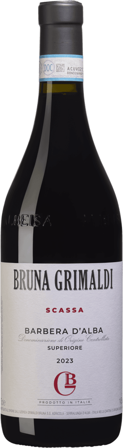 En glasflaska med Bruna Grimaldi Barbera d'Alba Superiore Scassa 2023, ett rött vin från Piemonte i Italien
