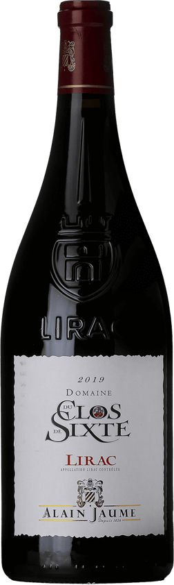 En glasflaska med Alain Jaume Lirac Domaine du Clos de Sixte 2019, ett rött vin från Rhonedalen i Frankrike