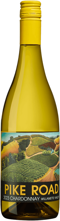 En glasflaska med Pike Road Willamette Valley Chardonnay 2023, ett vitt vin från Oregon i USA