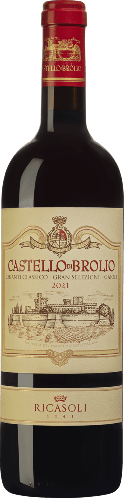 En glasflaska med Castello di Brolio Gran Selezione 2021, ett rött vin från Toscana i Italien