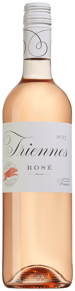 En lättare glasflaska med Triennes Rosé 2023, en rosévin från Méditerranée i Frankrike