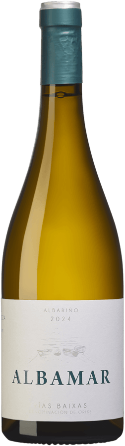 En glasflaska med Bodegas Albamar Albariño 2024, ett vitt vin från Galicien i Spanien