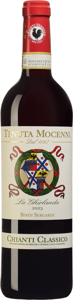 En lättare glasflaska med Bindi Sergardi Chianti Classico La Ghirlanda 2023, ett rött vin från Toscana i Italien