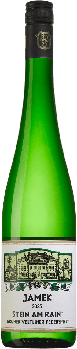 En glasflaska med Josef Jamek Stein am Rain Grüner Veltliner Federspiel 2023, ett vitt vin från Niederösterreich i Österrike