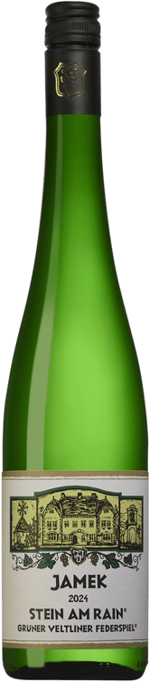 En glasflaska med Jamek Stein am Rain, ett vitt vin från Niederösterreich i Österrike