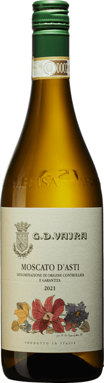 En glasflaska med G.D. Vajra Moscato d’Asti, ett vitt vin från Piemonte i Italien