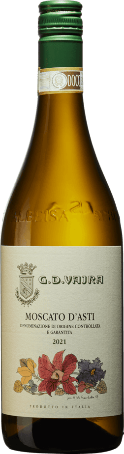 En glasflaska med G.D. Vajra Moscato d'Asti 2024, ett vitt vin från Piemonte i Italien