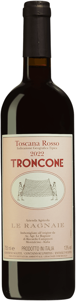 En glasflaska med Le Ragnaie Troncone 2022, ett rött vin från Toscana i Italien